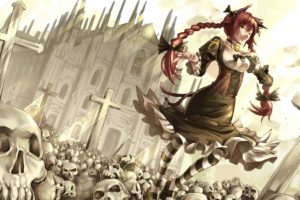 alice, In, Wonderland, Anime, Girl, Dark, Skulls, Cross, Cathedral, Buildings