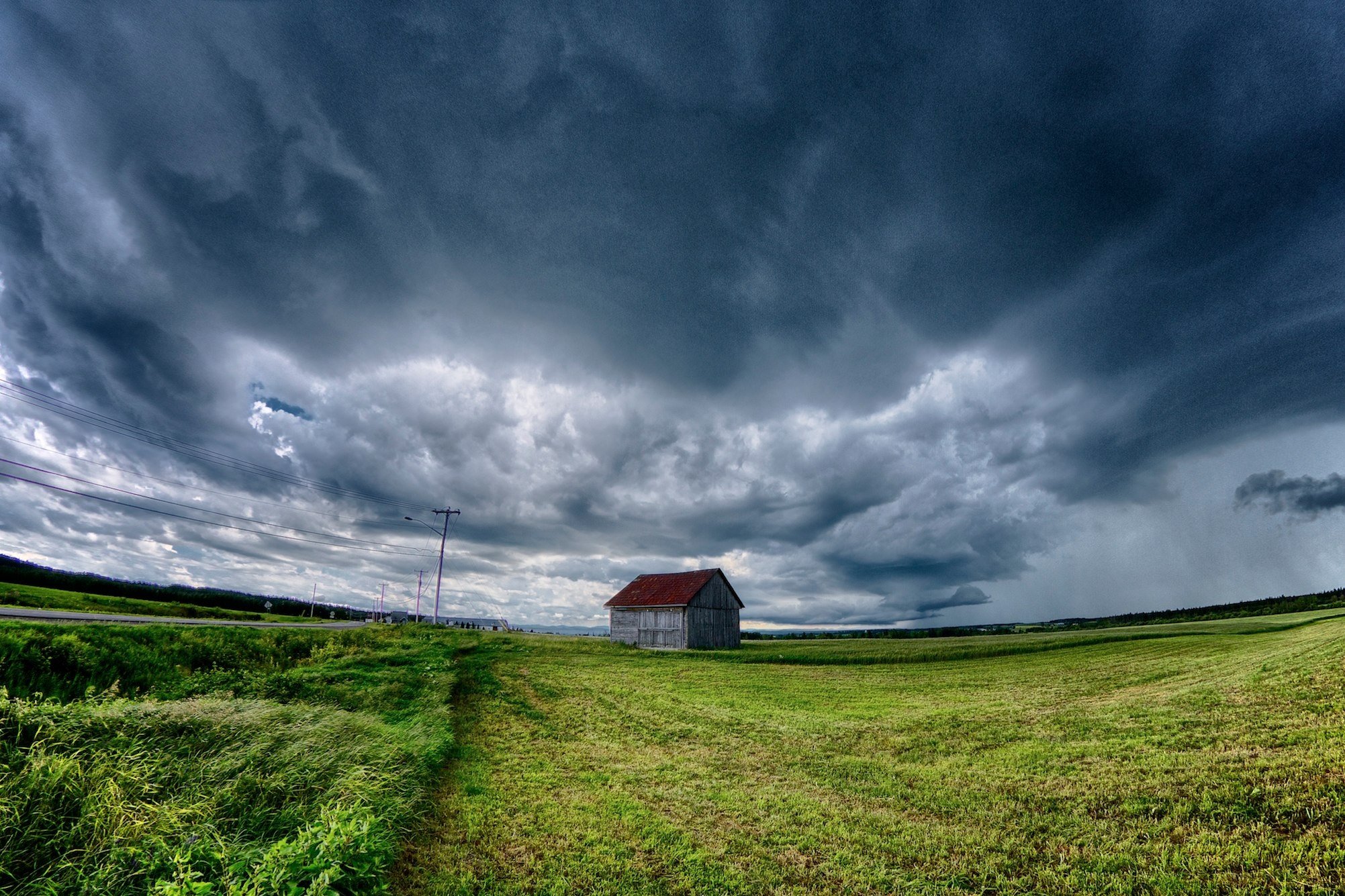road, Clouds, Field, House, Landscape, Storm, Rain Wallpaper