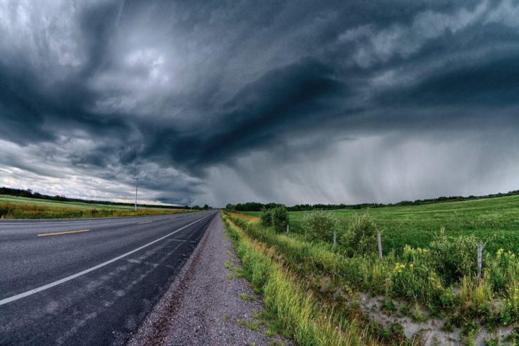 road, Clouds, Field, Landscape, Storm, Rain HD Wallpaper Desktop Background