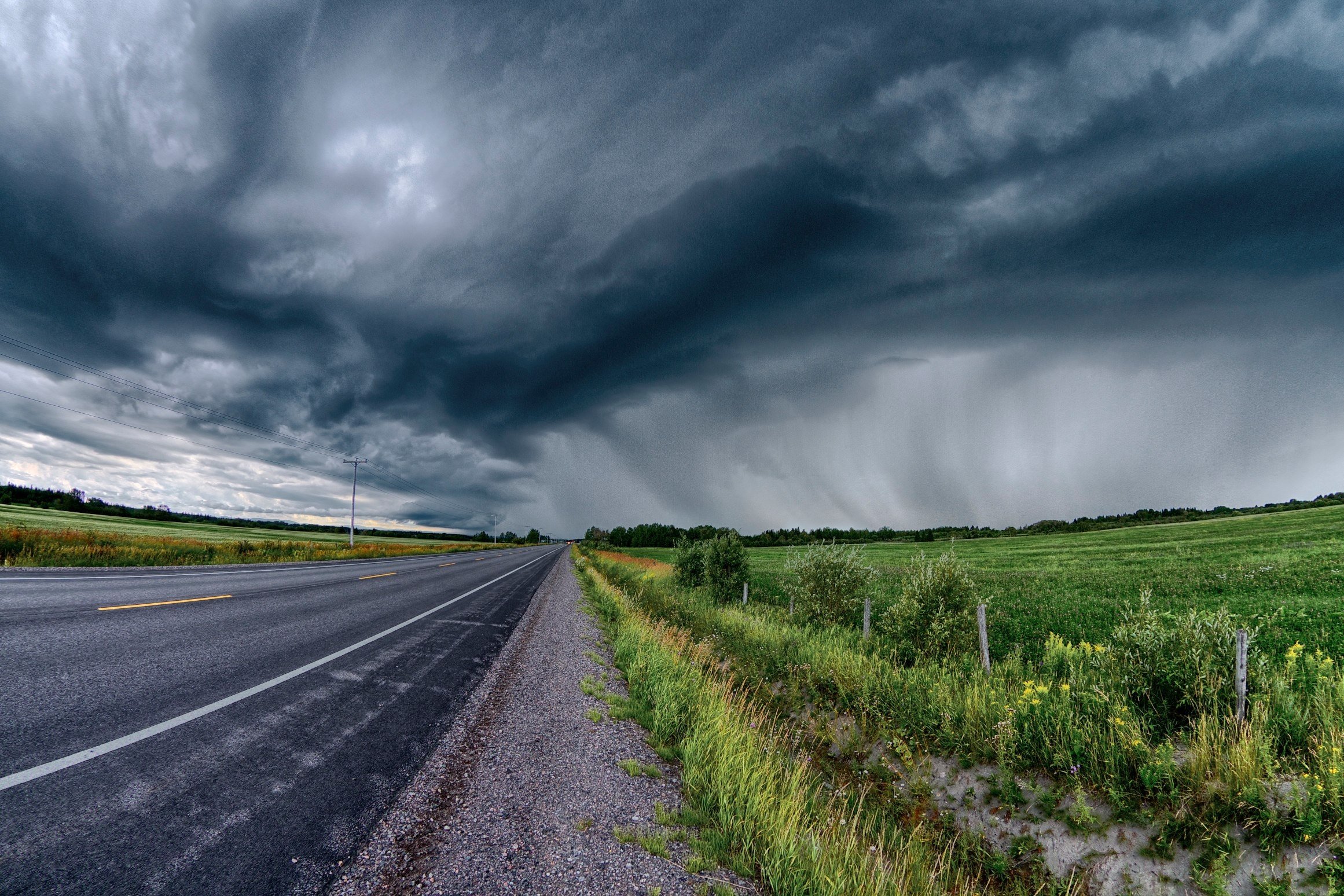 road, Clouds, Field, Landscape, Storm, Rain Wallpaper