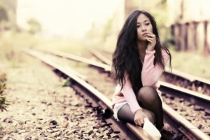 asian, Oriental, Tracks, Railroad, Train, Mood, Women, Females, Girls, Brunettes, Face, Reflection, Sexy, Babes, Model