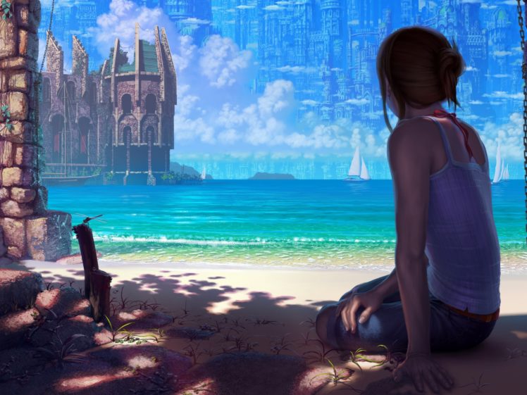 fantasy,  , Women, Sea, City, Beach, Sun, Summer HD Wallpaper Desktop Background