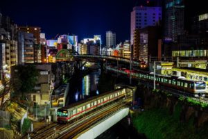 japan, Japon, Architecture, Bridges, Freeway, Building, Cities, Monuments, Night, Panorama, Panoramic, Rivers, Tower, Towers, Tokyo, Ray, Light, Rail, Train