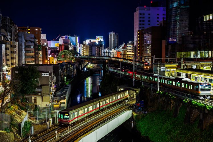 japan, Japon, Architecture, Bridges, Freeway, Building, Cities, Monuments, Night, Panorama, Panoramic, Rivers, Tower, Towers, Tokyo, Ray, Light, Rail, Train HD Wallpaper Desktop Background