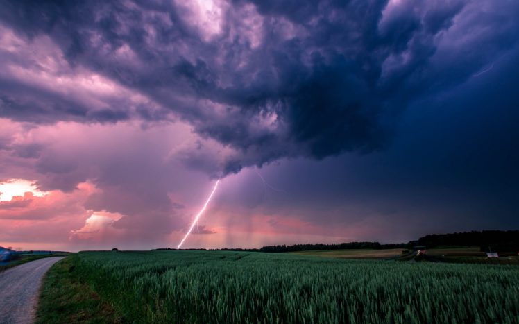 lightning, Sky, Clouds, Field, Grass, Road, Nature, Landscape, Storm, Rain HD Wallpaper Desktop Background