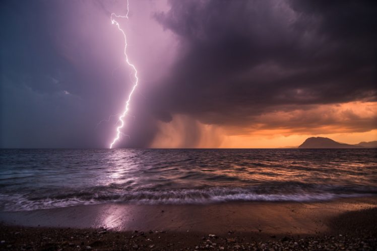 storm, Lightning, Beach, Sea, Night, Ocean, Rain HD Wallpaper Desktop Background