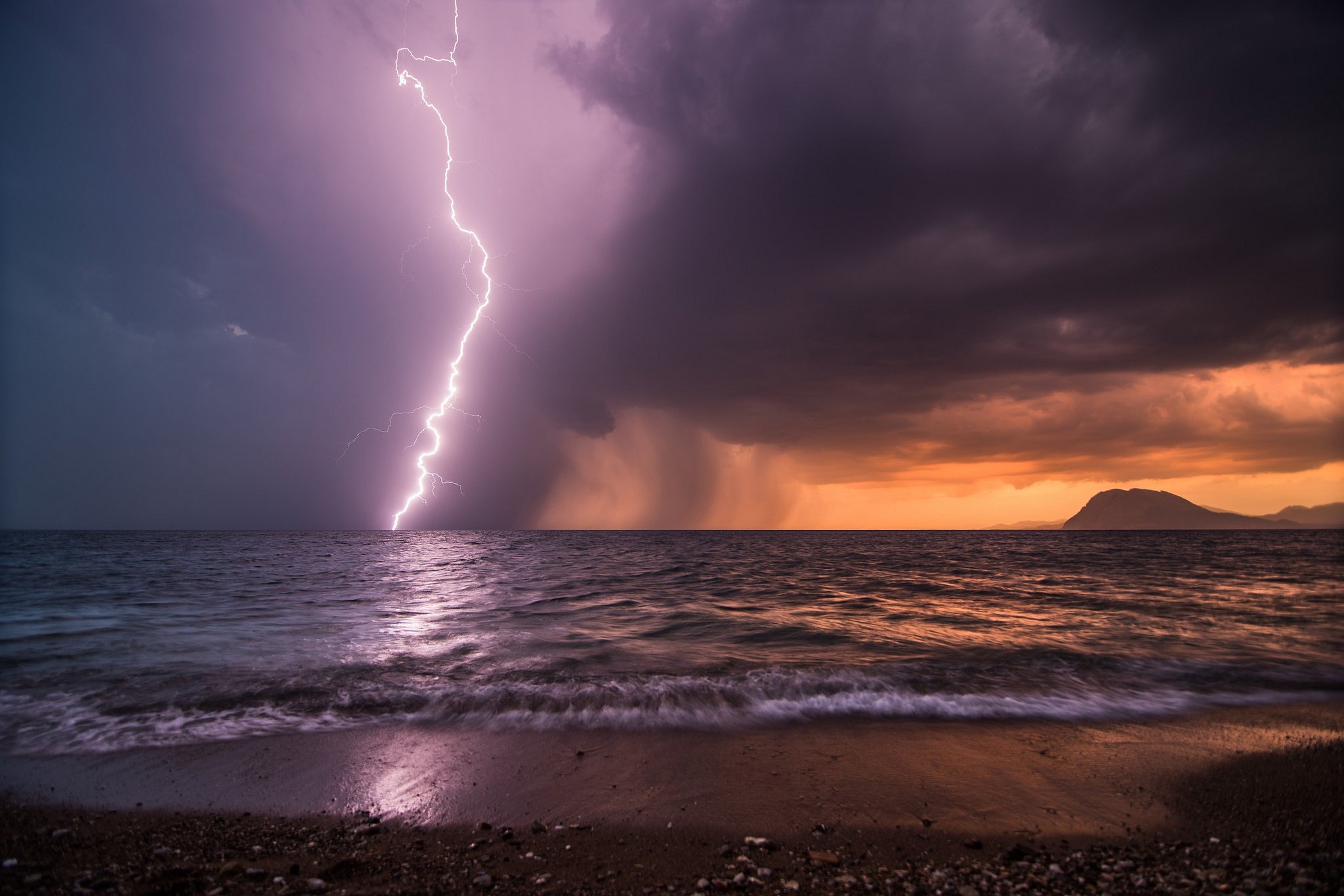 storm, Lightning, Beach, Sea, Night, Ocean, Rain  