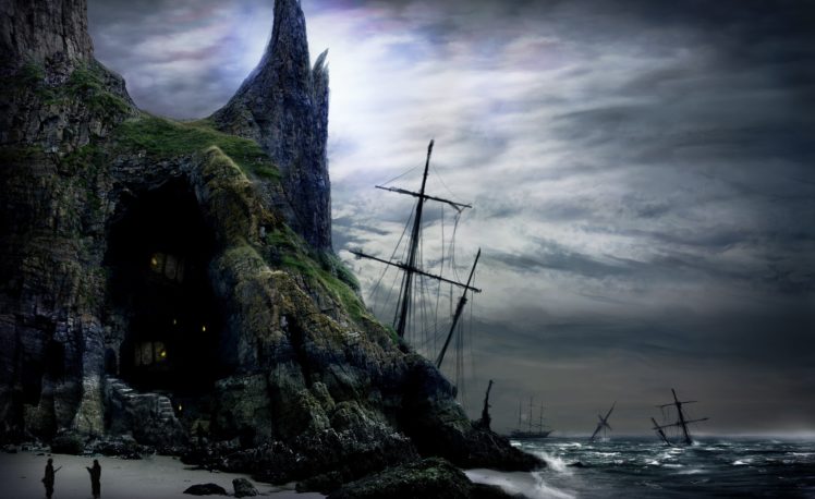 sailing, Ships, Fantasy, Shipwreck, Ruins, Wreck, Ocean, Sea, Beach, People, Art, Artwork HD Wallpaper Desktop Background
