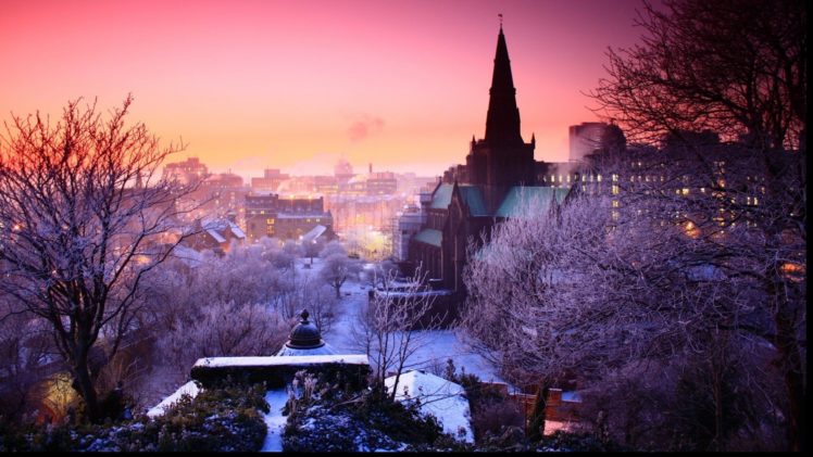 pink, Sunset, Tree, City, House, Sky, Snow HD Wallpaper Desktop Background