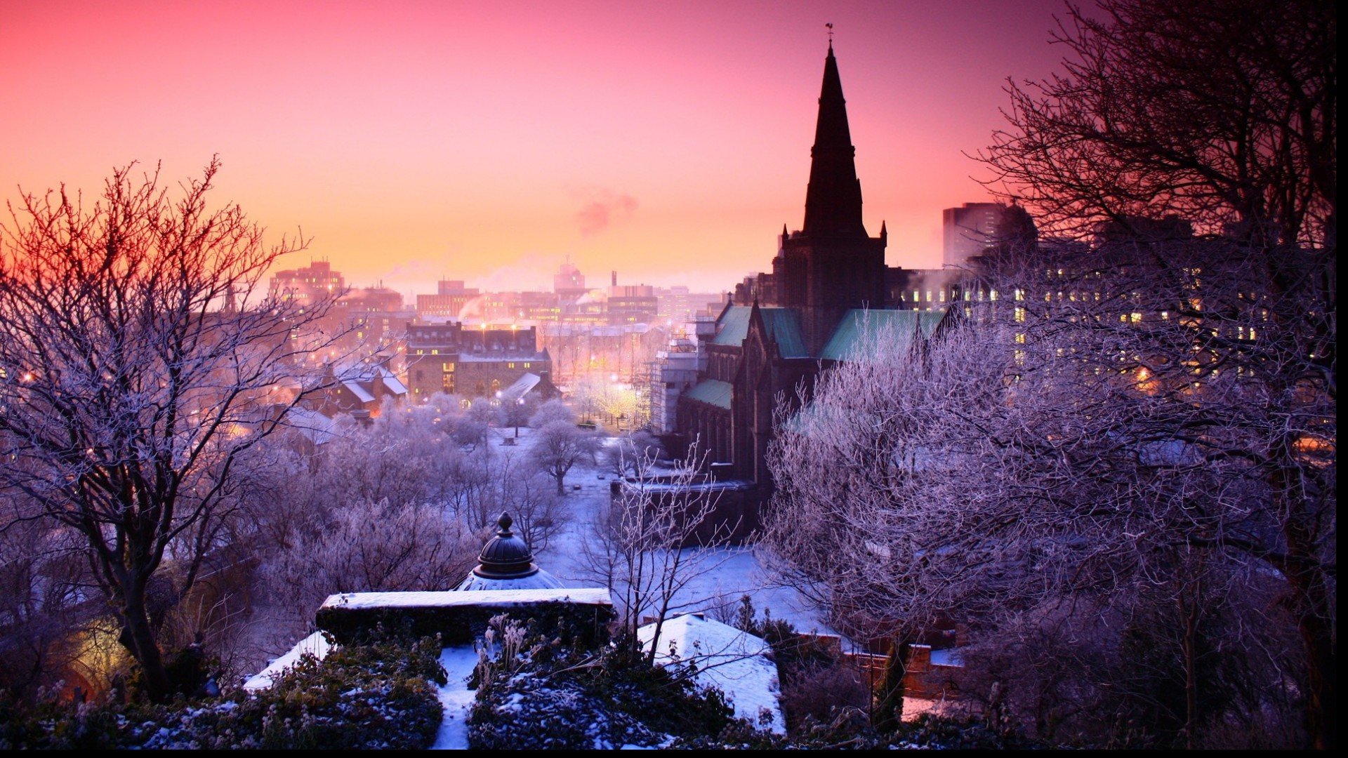 pink, Sunset, Tree, City, House, Sky, Snow Wallpaper