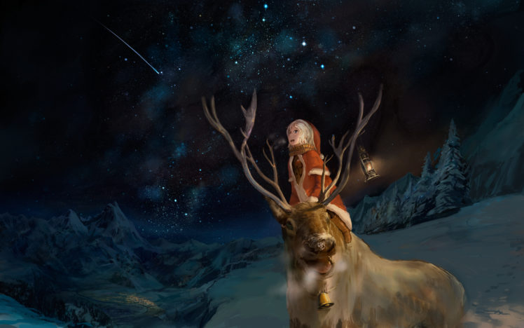 animal, Christmas, Horns, Landscape, Night, Original, Scenic, Sky, Snow, Stars, Winter, You,  shimizu HD Wallpaper Desktop Background