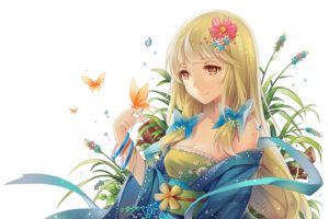 blonde, Hair, Bow, Breasts, Butterfly, Cleavage, Flowers, Green, Hair, Japanese, Clothes, Long, Hair, Original, Ribbons, Tidsean, Yellow, Eyes