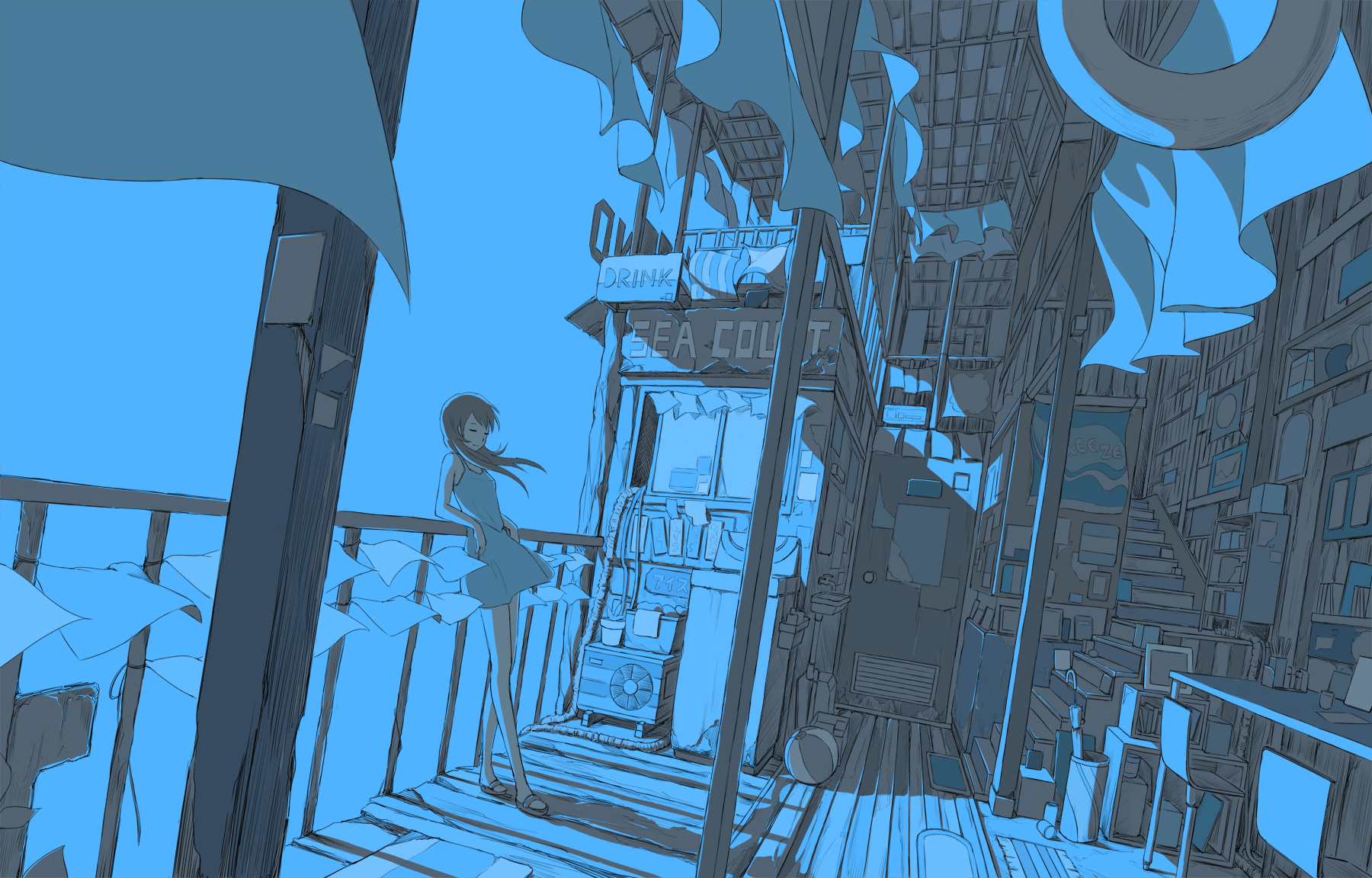 blue, Hebitsukai, Long, Hair, Monochrome, Original, Stairs, Summer, Dress, Umbrella Wallpaper