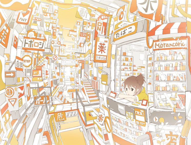 brown, Eyes, Brown, Hair, Building, Hebitsukai, Monochrome, Orange, Original, Stairs HD Wallpaper Desktop Background