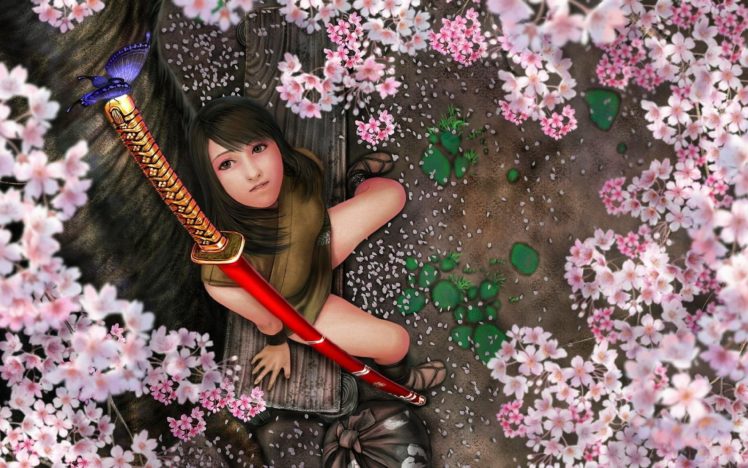 butterfly,  , Fantasy, Flowers, Katana, Sword, Samurai, Girl HD Wallpaper Desktop Background