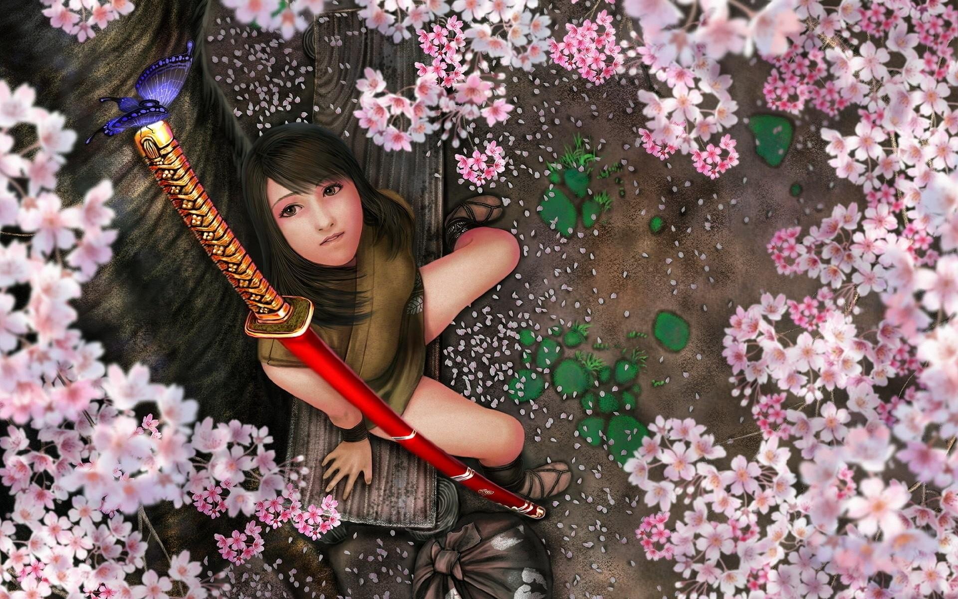 butterfly,  , Fantasy, Flowers, Katana, Sword, Samurai, Girl Wallpaper