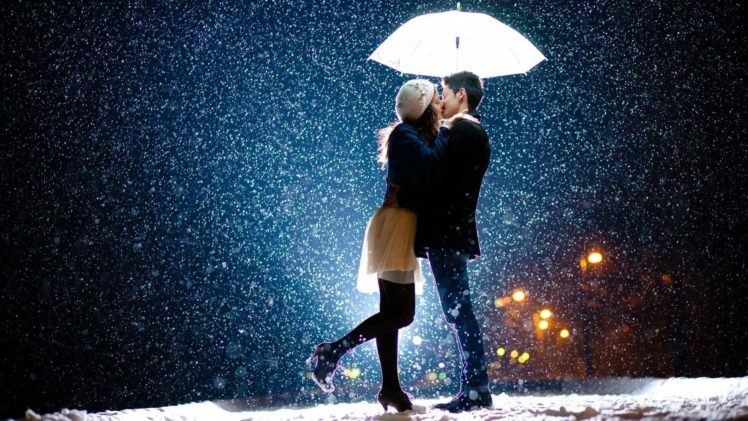 winter, Snow, Mood, Love, Kiss, Umbrella HD Wallpaper Desktop Background