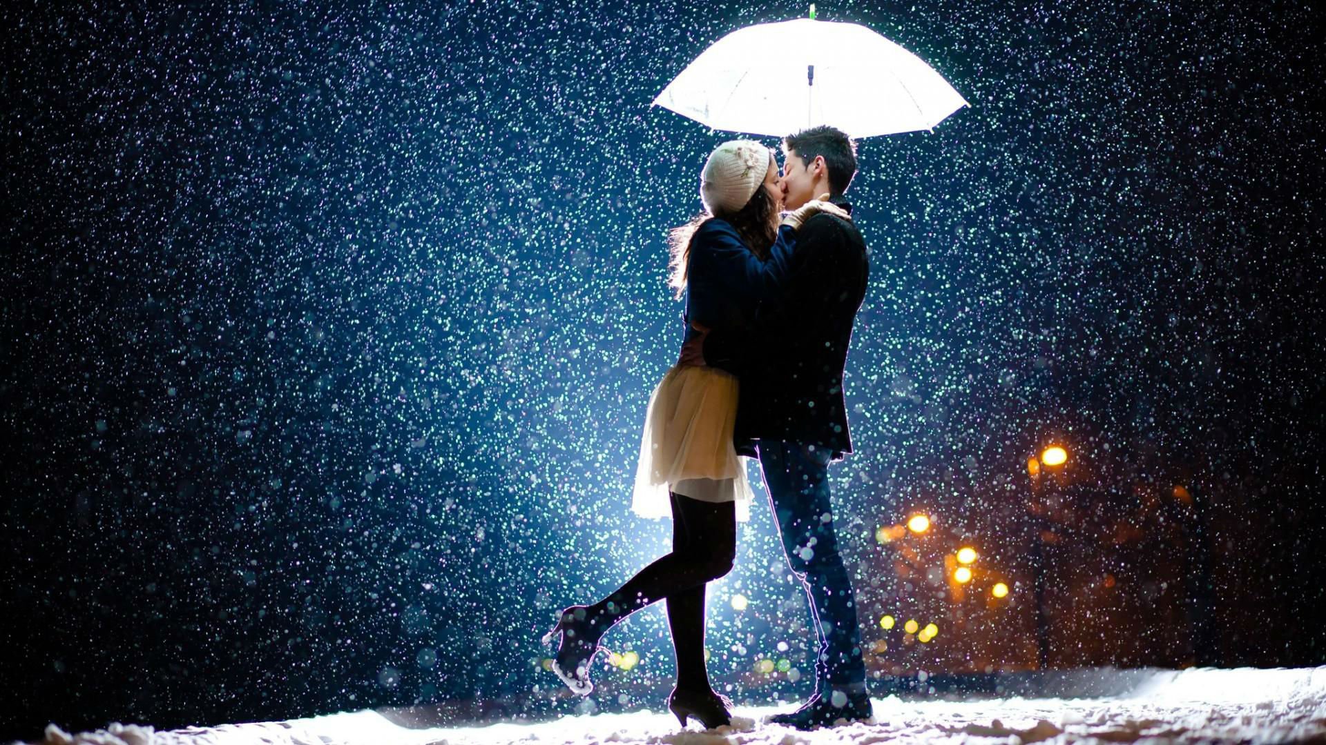winter, Snow, Mood, Love, Kiss, Umbrella Wallpaper