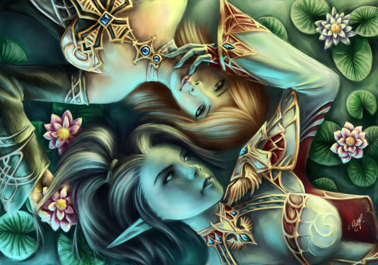 love, Elves, Lineage, 2, Face, Hair, Fantasy, Girls, Flowers, Women, Females, Eyes HD Wallpaper Desktop Background