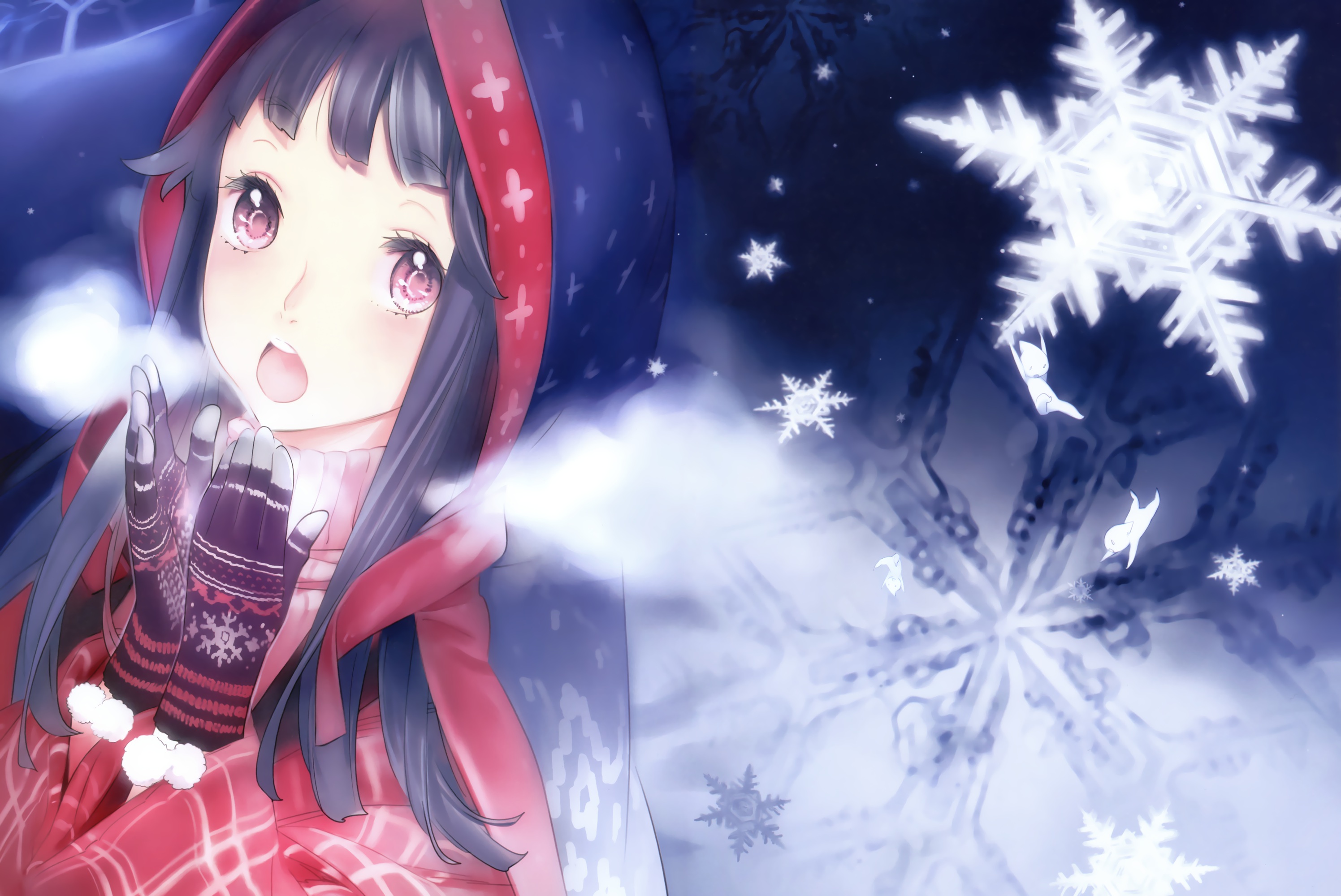 moeoh, Gloves, Long, Hair, Nishieda, Original, Pink, Eyes, Snow Wallpaper