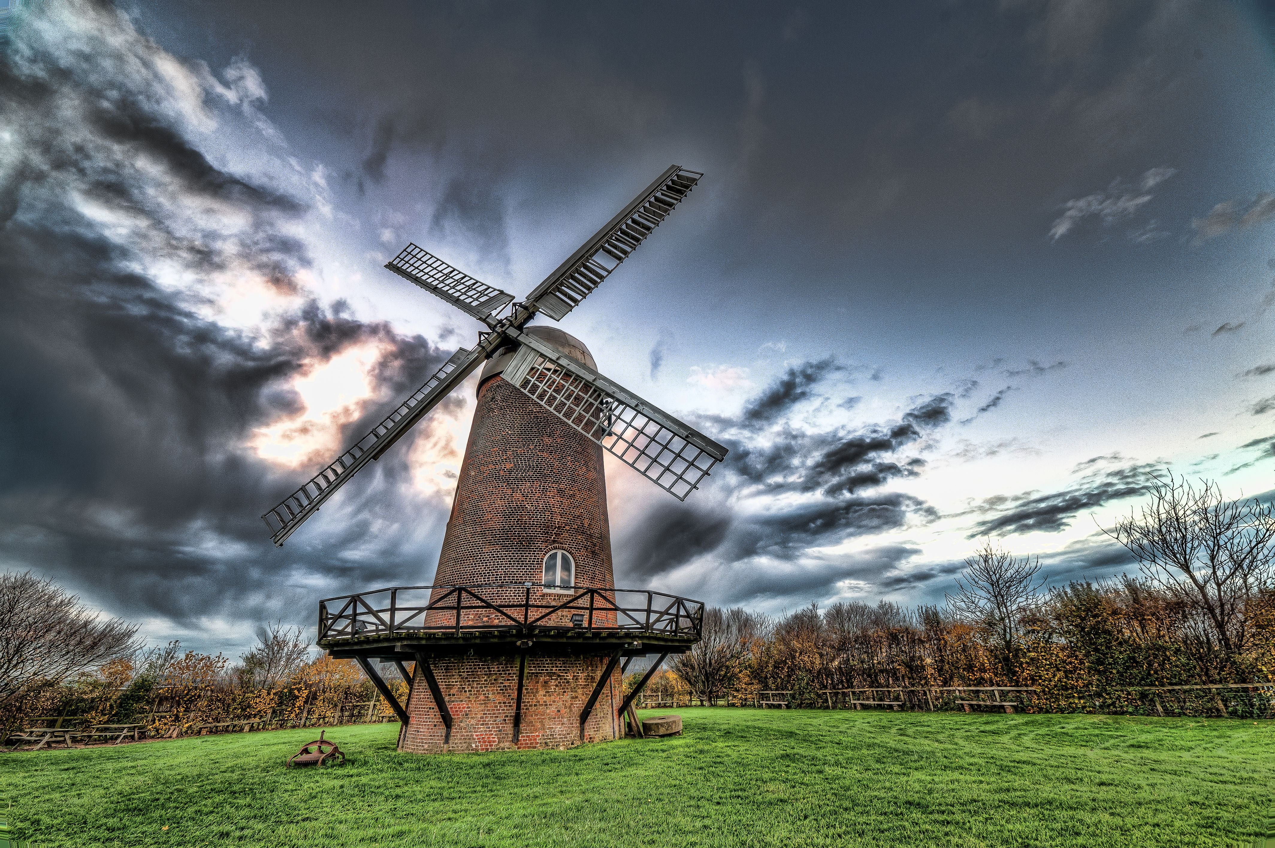 windmill, Field, Trees, Sky, Sunset Wallpaper