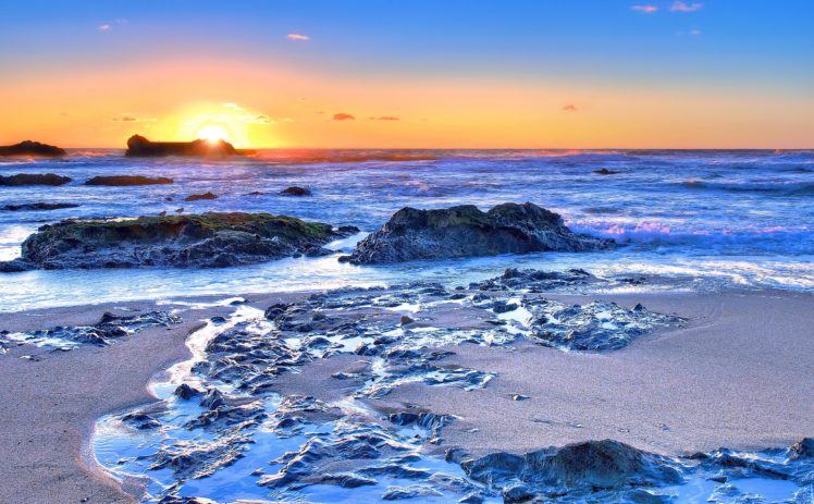sunset, Sea, Beach, Rocks, Landscape HD Wallpaper Desktop Background