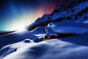 sunset, House, Mountains, Winter, Snow, Landscape