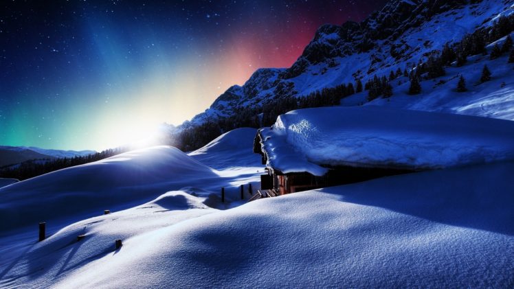 sunset, House, Mountains, Winter, Snow, Landscape HD Wallpaper Desktop Background