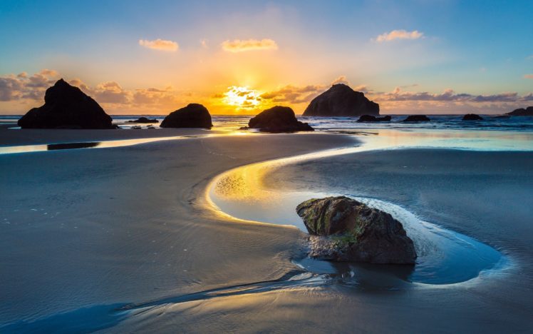 sunrise, Beach, Rocks, Ocean HD Wallpaper Desktop Background
