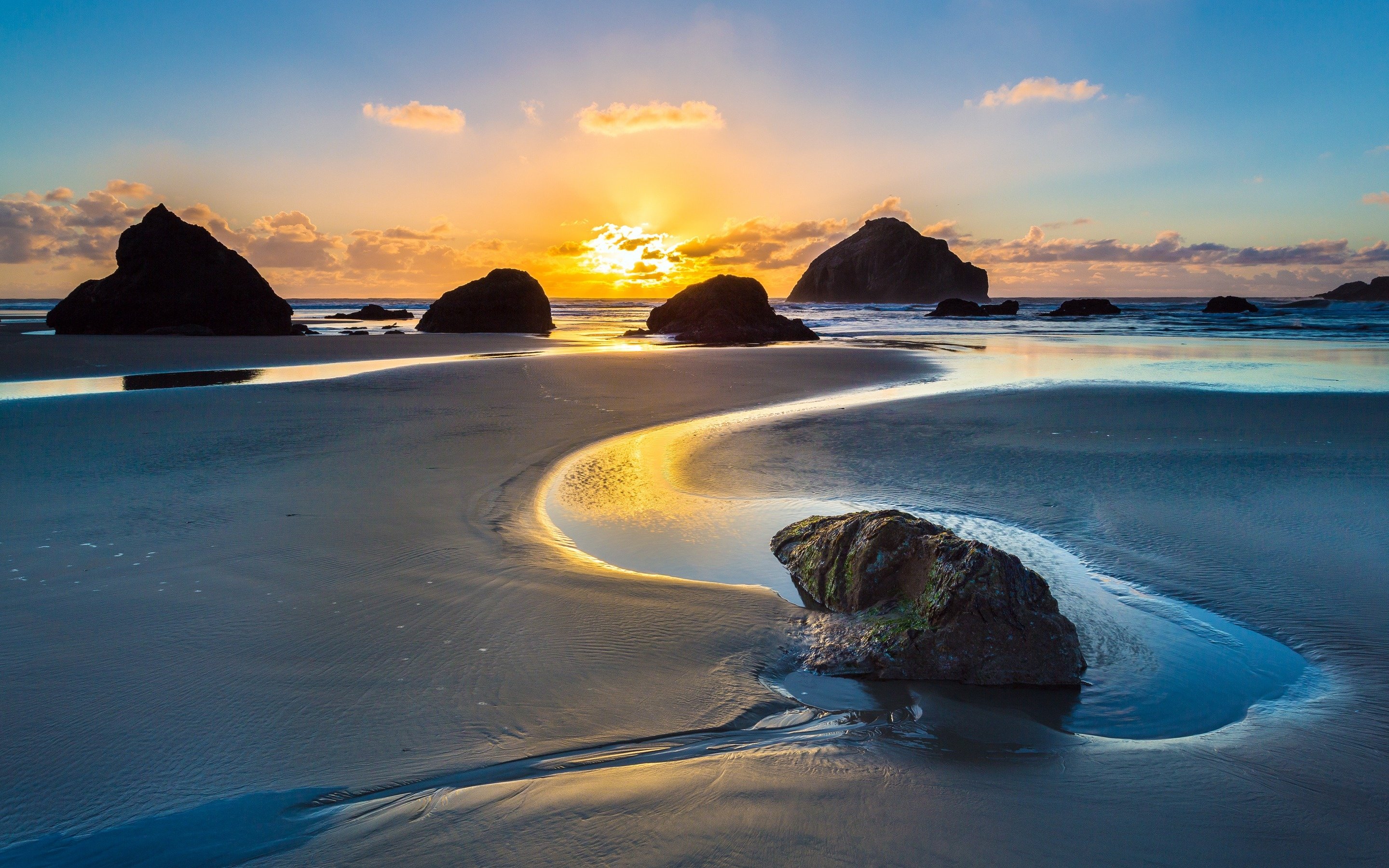 sunrise, Beach, Rocks, Ocean Wallpaper