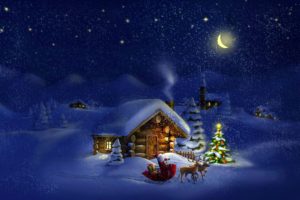 easons, Winter, Houses, Holidays, Christmas,  , New, Year,  , Deer, Snow, Moon, Christmas, Tree, Night, Santa, Claus, Nature