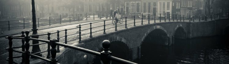 city, River, Bridge, Cyclist, Walking, Downtown, Black, And, White, People, Situation, Bike, Man, Mood HD Wallpaper Desktop Background