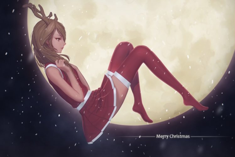 brown, Eyes, Brown, Hair, Christmas, Horns, Long, Hair, Maredoro, Moon, Original, Skirt, Thighhighs HD Wallpaper Desktop Background