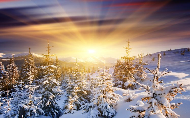 sun, Snow, Mountains, Sunrise, Winter, Rays, Sky, Clouds HD Wallpaper Desktop Background