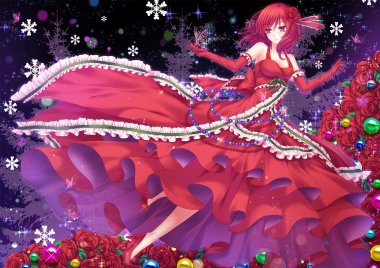 breasts, Butterfly, Cleavage, Dress, Elbow, Gloves, Flowers, Love, Live , School, Idol, Project, Nishikino, Maki, Pink, Eyes, Red, Hair, Ribbons, Rose, Toshi HD Wallpaper Desktop Background