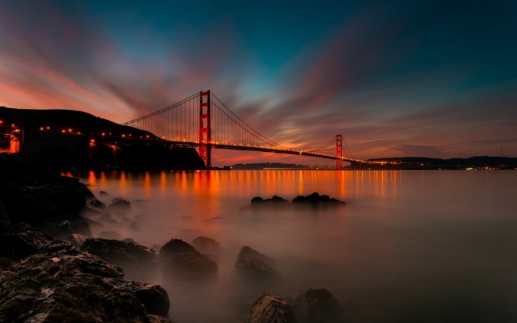 san, Francisco, California, Usa, Golden, Gate, Bridge, Ocean, Sea, Reflection, Sky, Clouds, Lights, Hdr HD Wallpaper Desktop Background