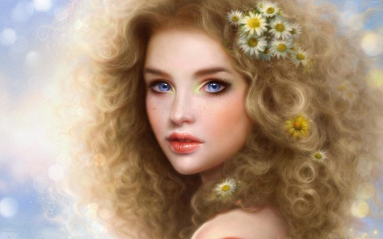girl, Blond, Smiling, Artwork, Fantasy, Blue, Eyes, Beautiful, Face, Flower HD Wallpaper Desktop Background
