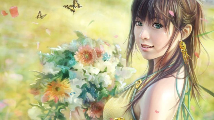 girl, Drawing, Flowers, Sketch, Pretty, Fantasy, Butterfly HD Wallpaper Desktop Background