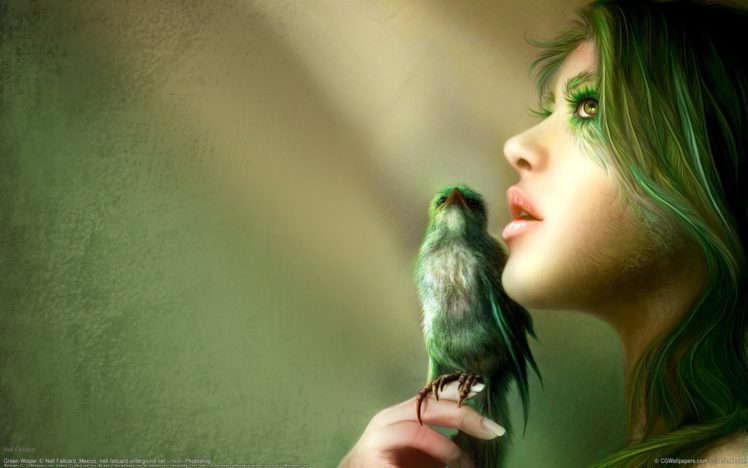 girl, Drawing, Bird, Green, Illustration, Art, Fantas HD Wallpaper Desktop Background