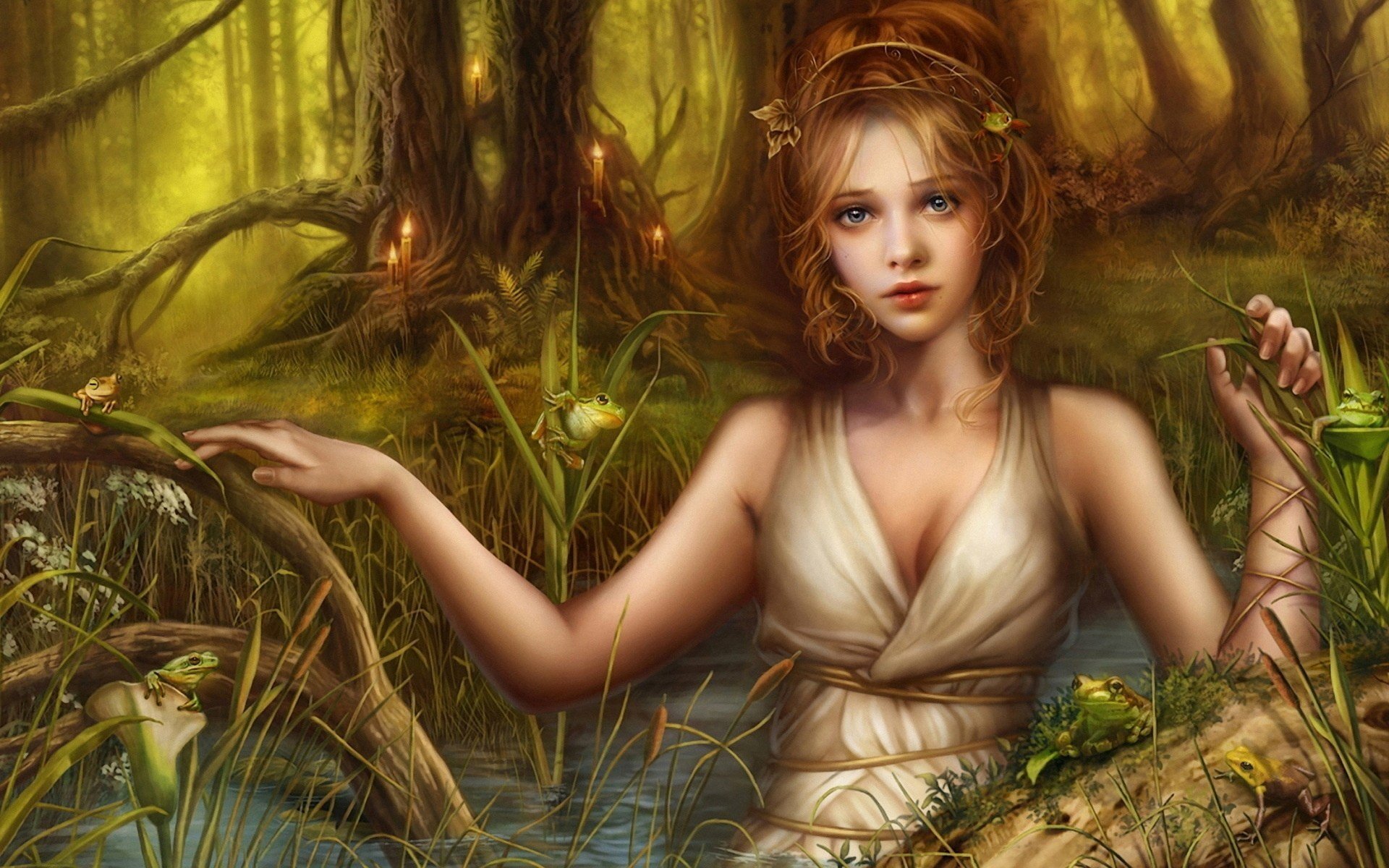 fantasy, Girl, Lake, Frog, Candles Wallpaper