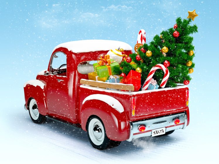 christmas, New, Year, Van, Truck, Sut, Red, Snow, Tree, Lovely HD Wallpaper Desktop Background