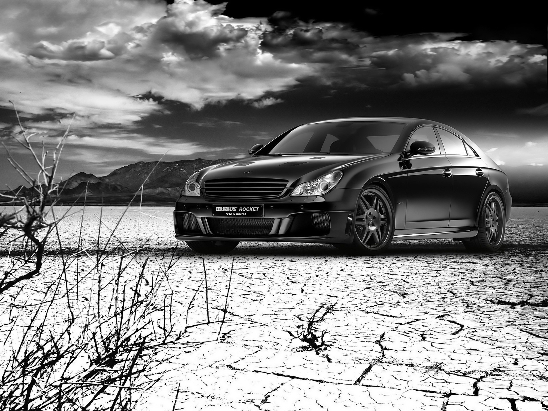 clouds, Cars, Rockets, Monochrome, Greyscale, Mercedes benz Wallpaper