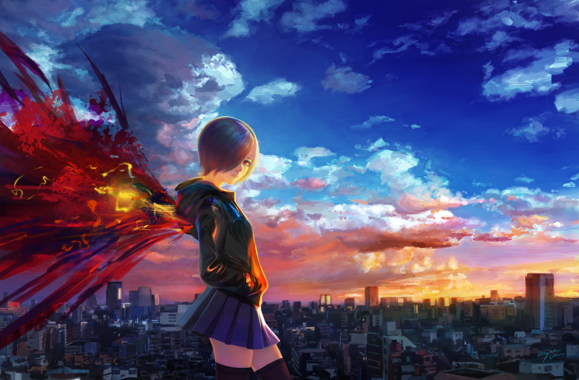tokyo, Anime, Girl, Wings, Sky, Clouds, Sunset Wallpaper