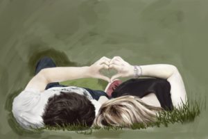 painting, Art, Love, Couple, Girl, Guy, Lie, Hands, Heart, Grass