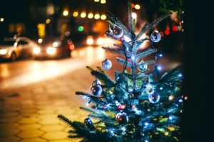 tree, Fir, Tree, Garlands, Branches, Balls, Christmas, Tree, Toys, Lights, Bokeh, City, Night, Street, Road, Cars, Pavement, Winter, Holidays, New