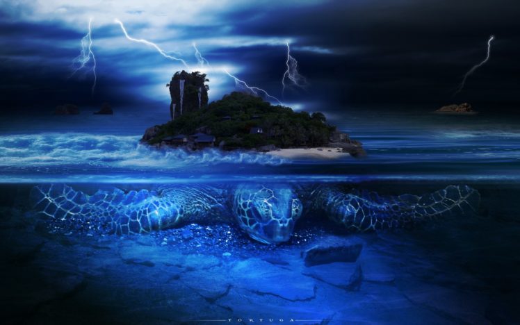 turtles, Fantasy, Art, Islands, Lightning, Split view, Sea HD Wallpaper Desktop Background