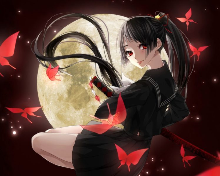samurai, Girl, Moon, Red, Smile, Anime, Uniform, Sword, Butterfly HD Wallpaper Desktop Background