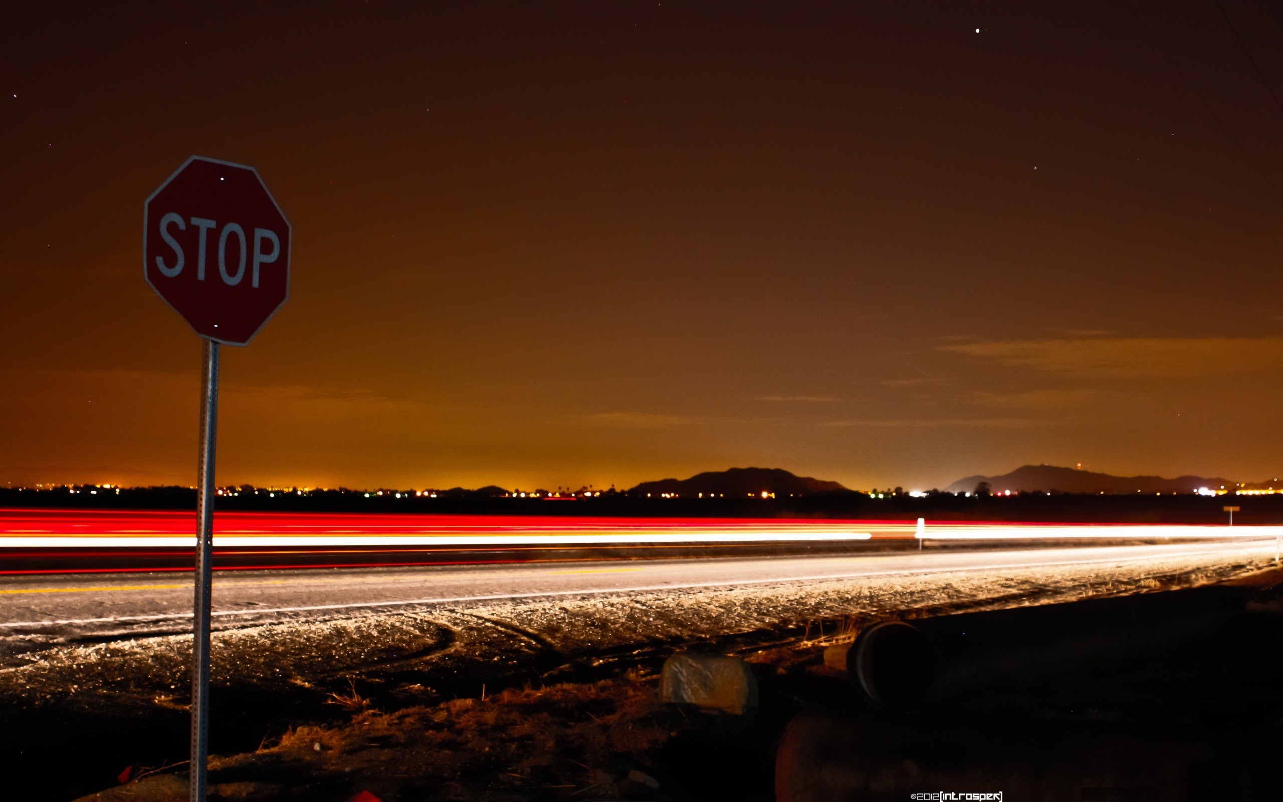 night, Desert, Roads, The, Edge, Long, Exposure, Stop, Signs, Light, Trails Wallpaper