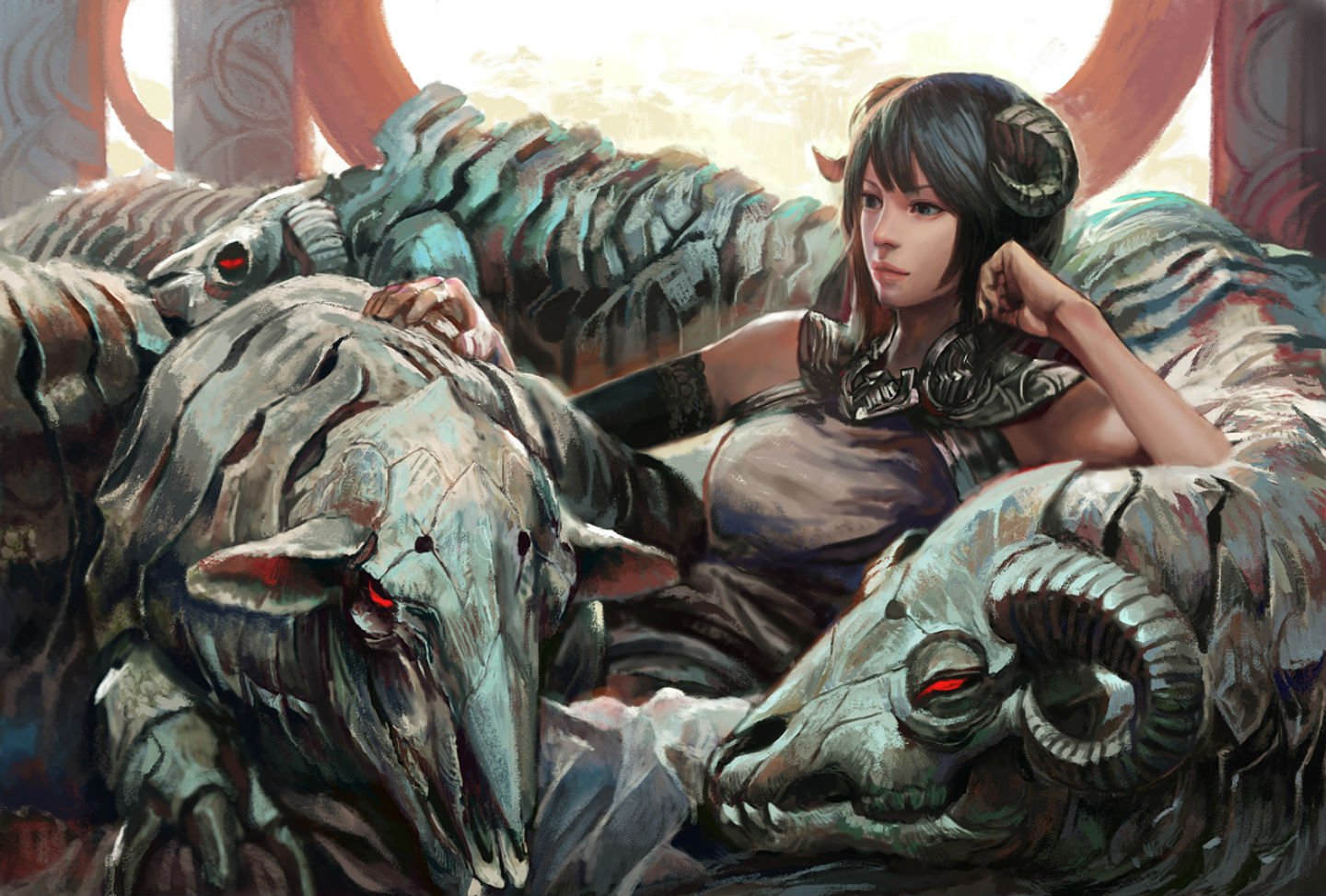 animal, Black, Eyes, Black, Hair, Horns, Kakotomirai,  harvester , Original, Sheep, Sheepgirl Wallpaper