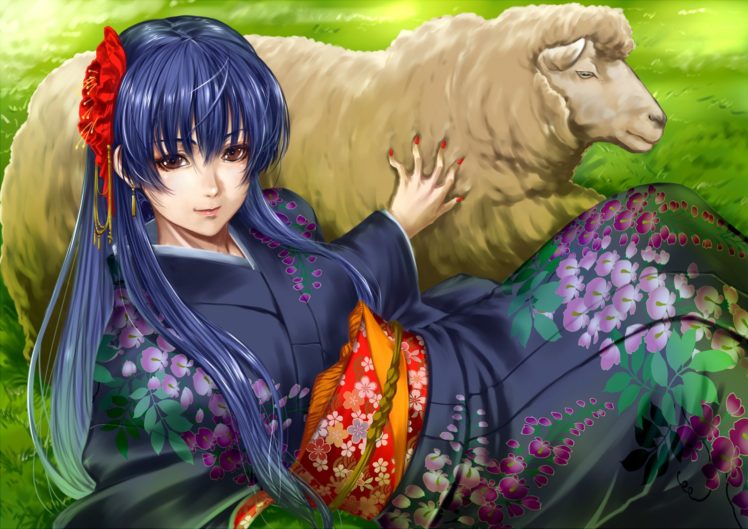 animal, Blue, Hair, Brown, Eyes, Flowers, Grass, Japanese, Clothes, Kimono, Long, Hair, Original, Pandaraion,  kanikani2950 , Sheep HD Wallpaper Desktop Background